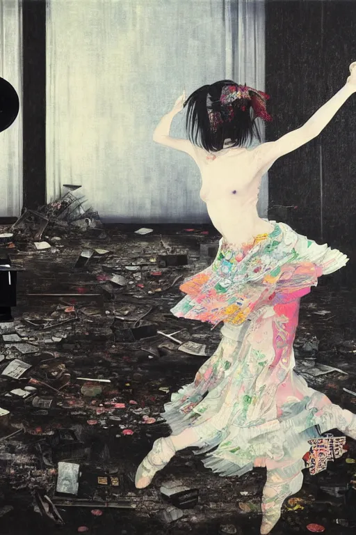 Prompt: A young woman dancing with her grandfather in front of a gramophone inside the ruined remained of a hospital, by Adrian Ghenie and Gerhard Richter part by Takato Yamamoto. 8k masterpiece, hyper detailed, sharp focus, Soft light 4K,