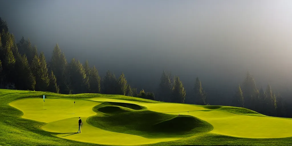 Image similar to a great photograph of the most amazing golf hole in the world, perfect light, steep drop, in the swiss alps, high above treeline, ambient light, 5 0 mm, golf digest, top 1 0 0, fog