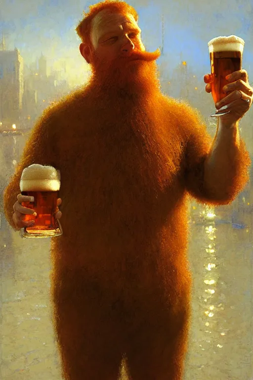Image similar to full - body portrait of bearded ginger man taking photos of beer, by donato giancola, craig mullins, jeremy mann, face details, extremely detailed, bokeh, photorealistic, reflections, digital illustration