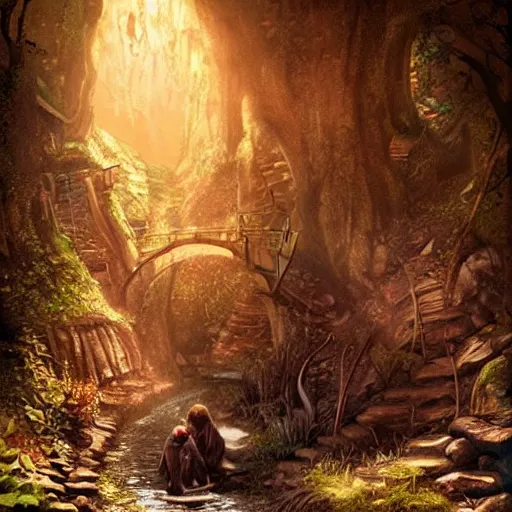 Prompt: my precious! - gollum / smeagol - the hobbit - j. r. r. tolkien - a medieval village in switzerland, ornate, beautiful, atmosphere, vibe, flowers, concept art illustration, greg rutowski, volumetric lighting, sunbeams, particles