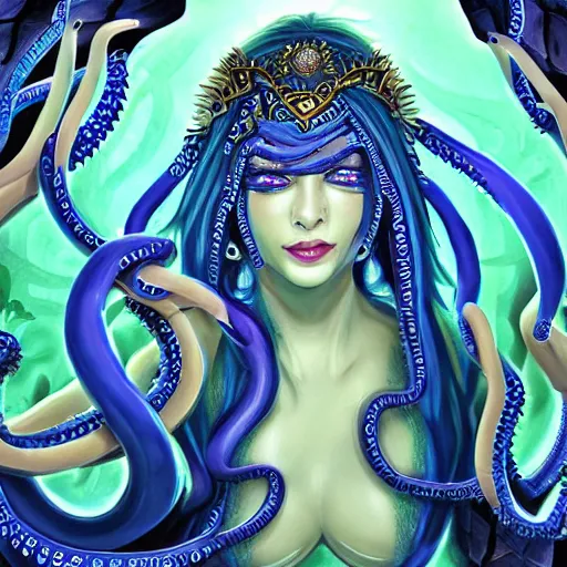 Prompt: kali is a goddess, she has blonde hair and blue eyes, and has the ability to form tentacles. 8 k fantasy art, highly detailed and intricate illustration