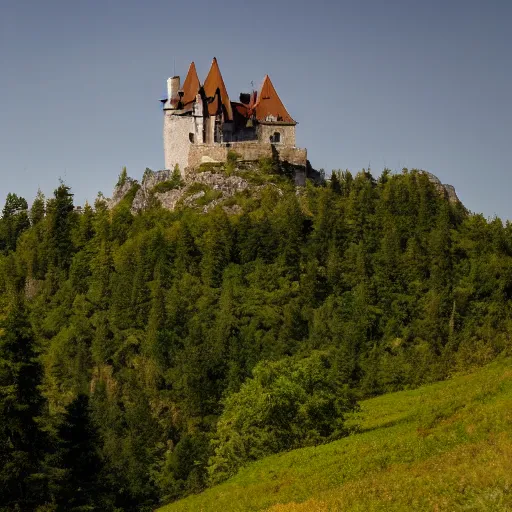 Image similar to Castle on top of a mountain, mountain top castle, medieval castle, in the distance, taken from afar, 8k, photography