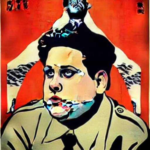 Prompt: how will we capture famous actor jonah hill? he is is causing trouble in this region. How do we stop him? NO JONAH HILLS ALLOWED. JONAH HILL is the subject of this ukiyo-e hellfire eternal damnation catholic strict propaganda poster rules religious. WE RULE WITH AN IRON FIST. mussolini. Dictatorship. Fear. 1940s propaganda poster. 1950s propaganda poster. 1960s propaganda poster. WAR WAR WAR, ANTI JONAH HILL. 🚫 🚫 JONAH HILL. POPE. art by joe mugnaini. art by dmitry moor. Art by Alfred Leete.
