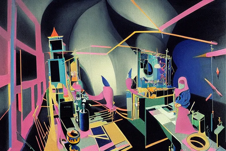 Image similar to a highly detailed beautiful masterpiece painting of a technomancer wizard in dazzle camouflage robes with pointed hood tampering with the world engine in his laboratory near a computer by Remedios Varo and Anato Finnstark and Greg Rutkowski and Andy Warhol and Francis Picabia, dayglo pink, dayglo blue, prismatic, pearlescent white, raven black, glowing, hyperrealism, 8k, trending on ArtStation