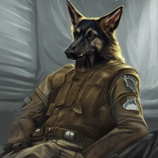 Image similar to a humanoid german shepherd beast - man in military style, sitting on the carpeted floor beside a bed, highly detailed portrait, digital painting, artstation, concept art, smooth, sharp foccus ilustration, artstation