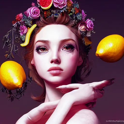 Image similar to the portrait of an absurdly beautiful, graceful, elegant, sophisticated, young idol made up of lemons, an ultrafine hyperdetailed illustration by kim jung gi, irakli nadar, intricate linework, bright colors, octopath traveler, final fantasy, unreal engine 5 highly rendered, global illumination, radiant light, detailed and intricate environment