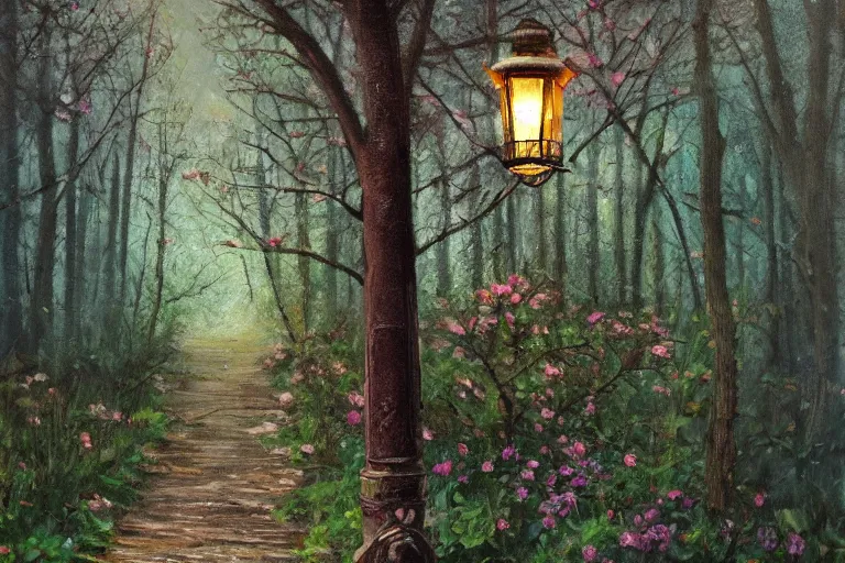 Image similar to vintage iron lamp post in the forest in the spring. Cinematic, flowers, hiking trail. Intricately detailed oil painting