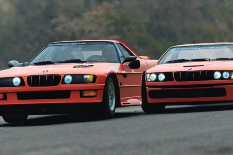 Prompt: vintage archival race footage of a single 1995 Vector W8 Twin Turbo, with elements of the BMW M1, movie still, speed, cinematic Panavision 5384 film