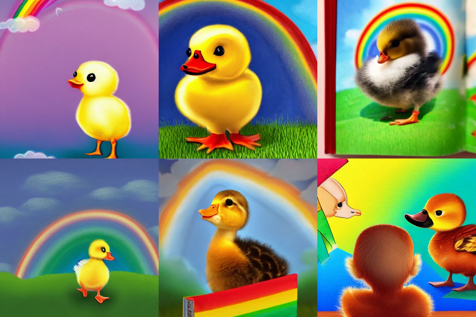 Prompt: a baby duck looking at a rainbow, children's book, by mohammad shihab uddin, artstation