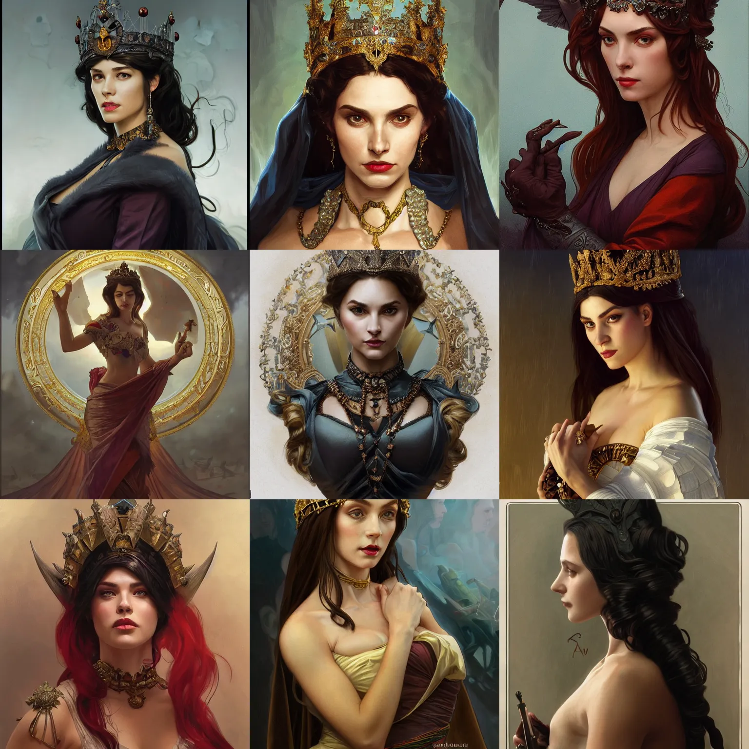 Prompt: Portrait of historically accurate, sultry, sneering, evil, pagan, wicked, young, queen, intricate, elegant, highly detailed, digital painting, artstation, concept art, smooth, sharp focus, illustration, art by artgerm and greg rutkowski and alphonse mucha and andrei riabovitchev - H768