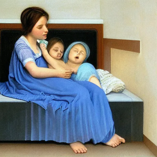Prompt: sleepy little cute girl and her mother sings lullabies for her by David Ligare