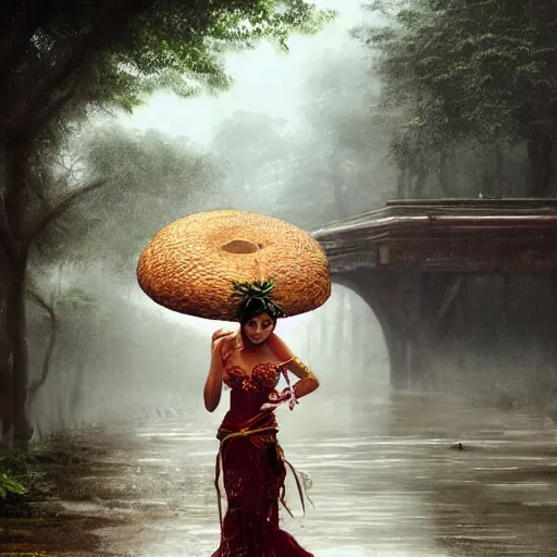 Prompt: monsoon on tropical island, oriental woman, ornate, beautiful, atmosphere, vibe, mist, coconuts, rain, wet, pristine, puddles, melting, dripping, snow, creek, lush, ice, bridge, forest, roses, flowers, by stanley artgerm lau, greg rutkowski, francis bacon