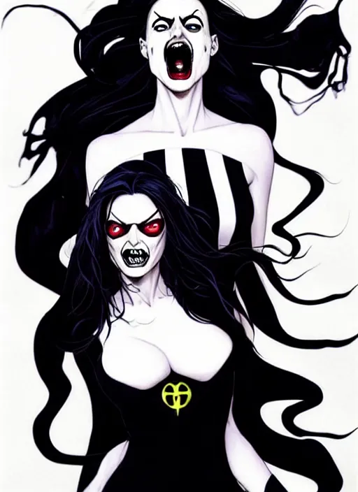 Prompt: Rafeal Albuquerque comic art, Joshua Middleton comic art, pretty female completely white skin, black paint swirl under left eye, Phoebe Tonkin as Death superhero Sandman SC comics, fun smile, full body goth outfit, long wavy black hair:: sunny weather::