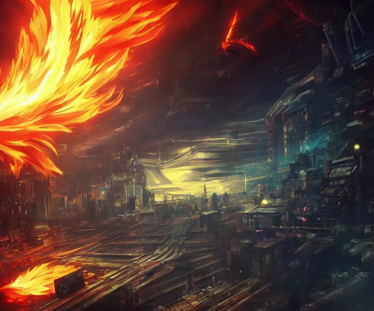 Image similar to neo tokyo, high fantasy, final fantasy, concept art, video game, phoenix flames