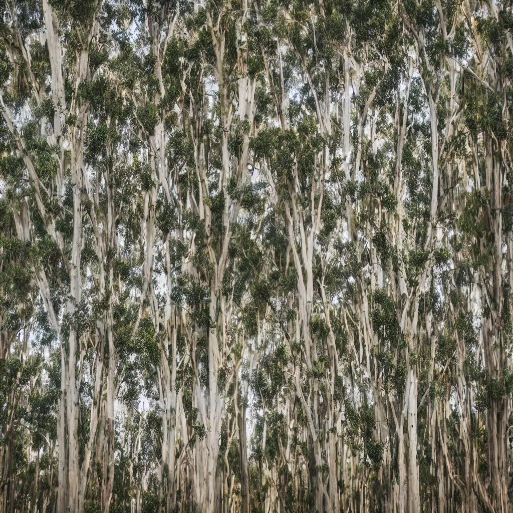 Image similar to 1 0 seconds long exposure photograph of eucalyptus trees, strong wind, back light, sony ar 7 ii, photographed by julie blackmon