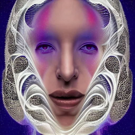 Image similar to queen of the galaxy by alex grey, zaha hadid, iris van herpen and rick owens. highly detailed, hyper - real, very beautiful, intricate fractal details, very complex, opulent, epic, mysterious, polished, futuristic design, trending on deviantart and artstation