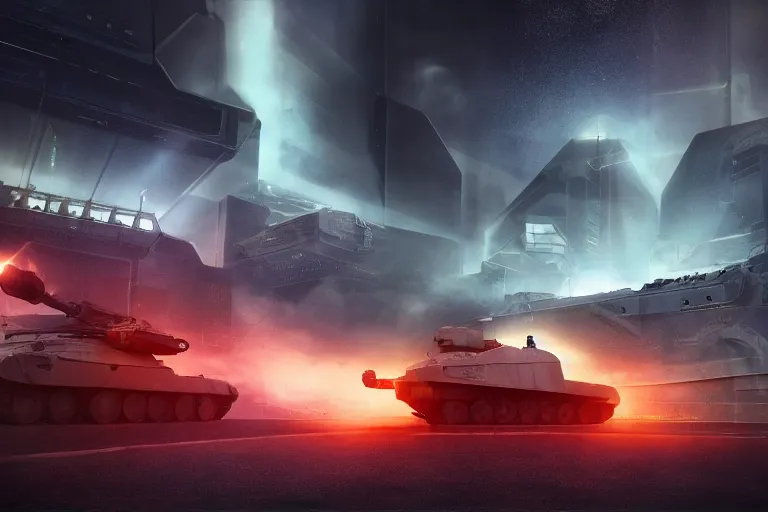 Image similar to large futuristic tank with with a cannon that fires black holes, futuristic city on fire, night, fog, thunder, rain, cinematic, volumetric lighting, f 8 aperture, cinematic eastman 5 3 8 4 film, photorealistic