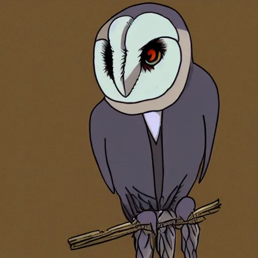 Prompt: anthropomorphic barn owl wearing a suit by Studio Ghibli,pencil art by Studio Ghibli,colored by Studio Ghibli,symetric face and body