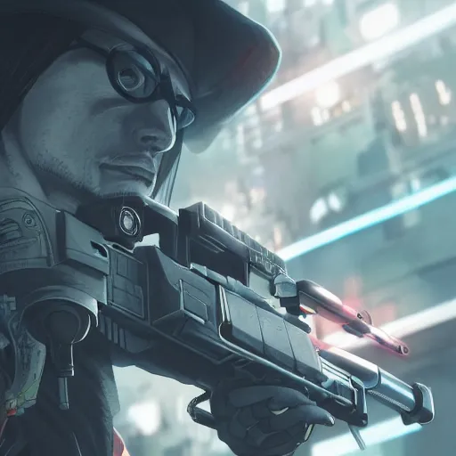 Prompt: close up illustration of a cyberpunk gunslinger pointing his gun shooting bullets, gungrave, anime, tri - gun, very detailed, 8 k, by greg rutkowski,