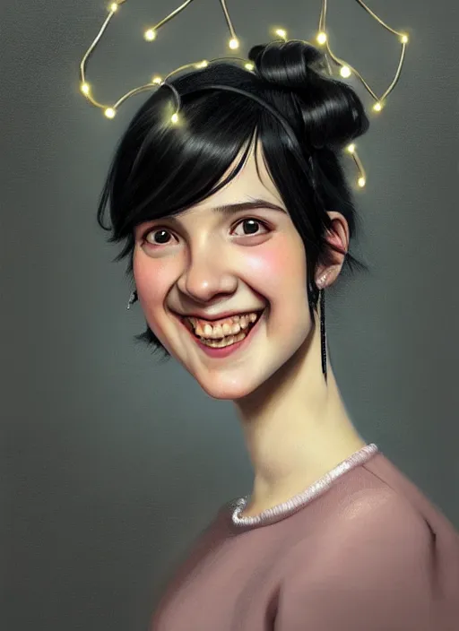 Image similar to portrait of high school girl, realistic, black hair, bangs, half updo hairstyle, pointy nose, skinny, smile, ugly, defined jawline, big chin, hair bow, earrings, intricate, elegant, glowing lights, highly detailed, digital painting, artstation, sharp focus, illustration, art by wlop, mars ravelo and greg rutkowski