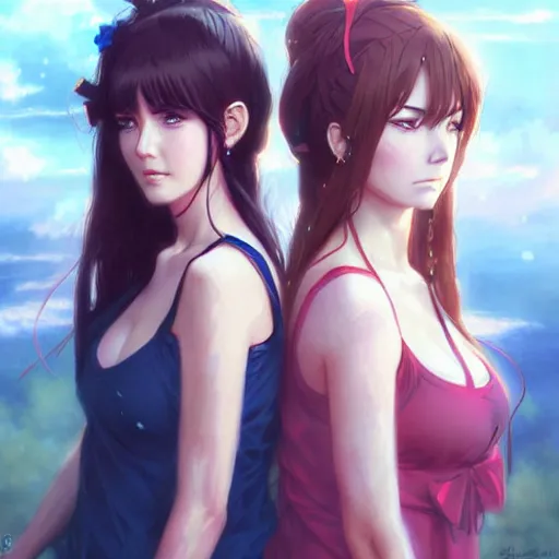 Image similar to jennifer connelly and kathy ireland as a beautiful anime girls by wlop and greg rutkowski