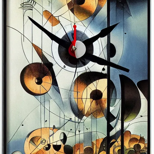 Image similar to futuristic abyssal 1 9 2 0's reservoir fractal warbler clock palm courtyard, by joan miro and monsu desiderio and anton pieck, movie poster, lowbrow, trending on cgsociety