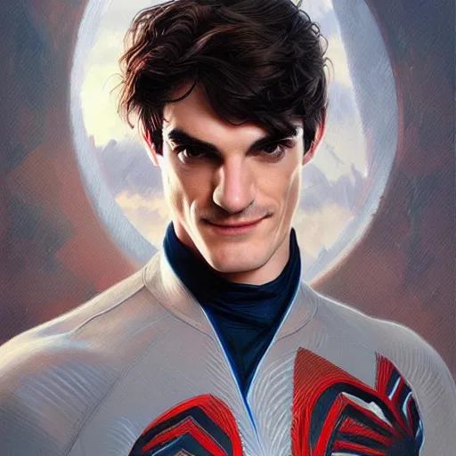 Prompt: portrait of RJ Mitte as Spiderman, elegant, intricate, headshot, highly detailed, digital painting, artstation, concept art, sharp focus, illustration, art by artgerm and greg rutkowski and alphonse mucha