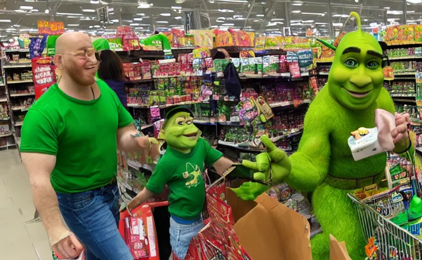 Image similar to shrek and a leprechaun live in asda, with thousands of spectators