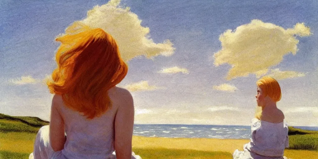 Prompt: girl with strawberry blonde hair wearing a yellow sundress sitting on a beach by the ocean, sunset, god rays, big clouds, pastels, edward hopper, andrew wyeth