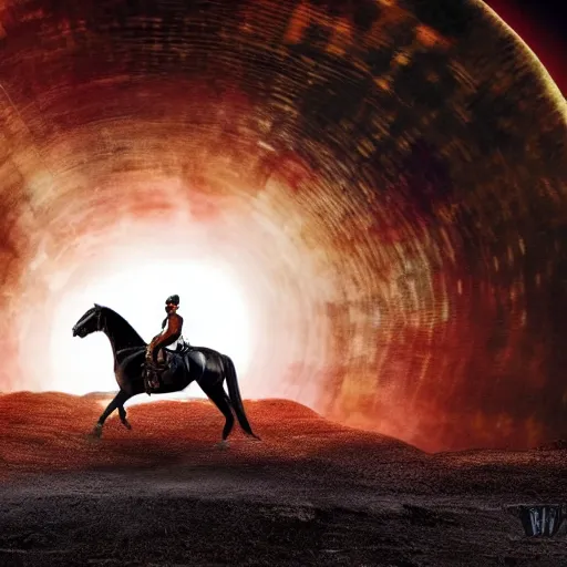 Prompt: wyatt earp and doc holliday being sucked into a black hole while riding horses, cinematic, max coherence, high detail, 8 k