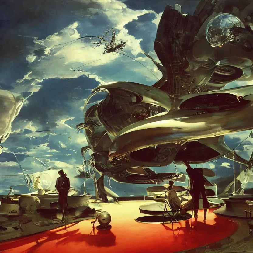 Prompt: highly detailed science fiction painting turned into a diorama sculpture depicting a futuristic lounge room on the edge of a meadow with billowing clouds. styling by norman rockwell, frank frazetta, and syd mead. rich colors, high contrast, gloomy atmosphere. trending on artstation.