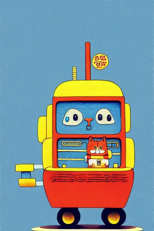 Image similar to ( ( ( ( ( ( ( a robot cat riding a cyber wagon ) ) ) ) ) ) ) by richard scarry!!!!!!!!!!!!!! muted colors, detailed