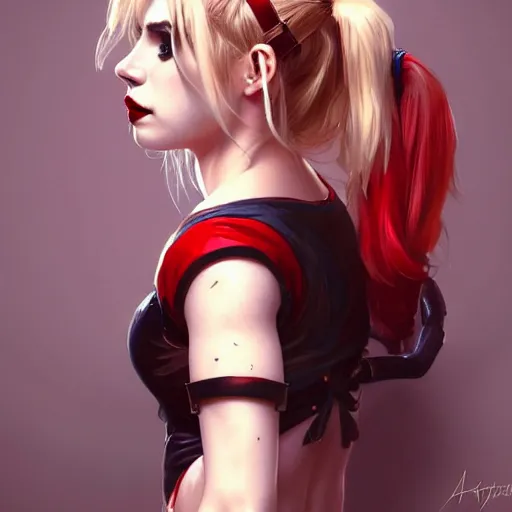 Image similar to Beautiful Emma Roberts as Harley Quinn, western, D&D, fantasy, intricate, elegant, highly detailed, digital painting, artstation, concept art, matte, sharp focus, illustration, art by Artgerm and Greg Rutkowski and Alphonse Mucha