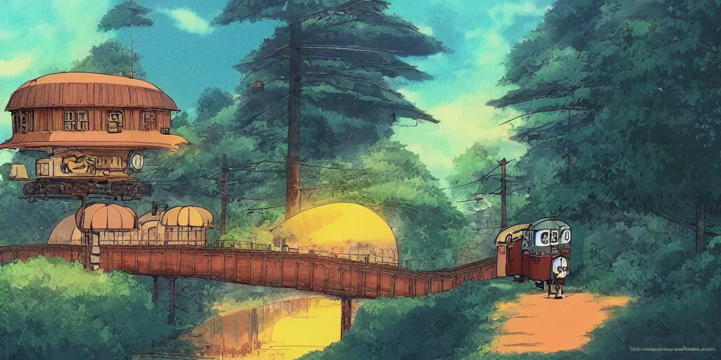 Image similar to a sunset railroad environment in the studio ghibli style, ghibli, my neighbor totoro, spirited away, castle in the sky