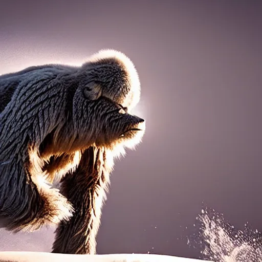 Prompt: wild running yeti, wildlife photography by Paul Nicklen, perfect lighting