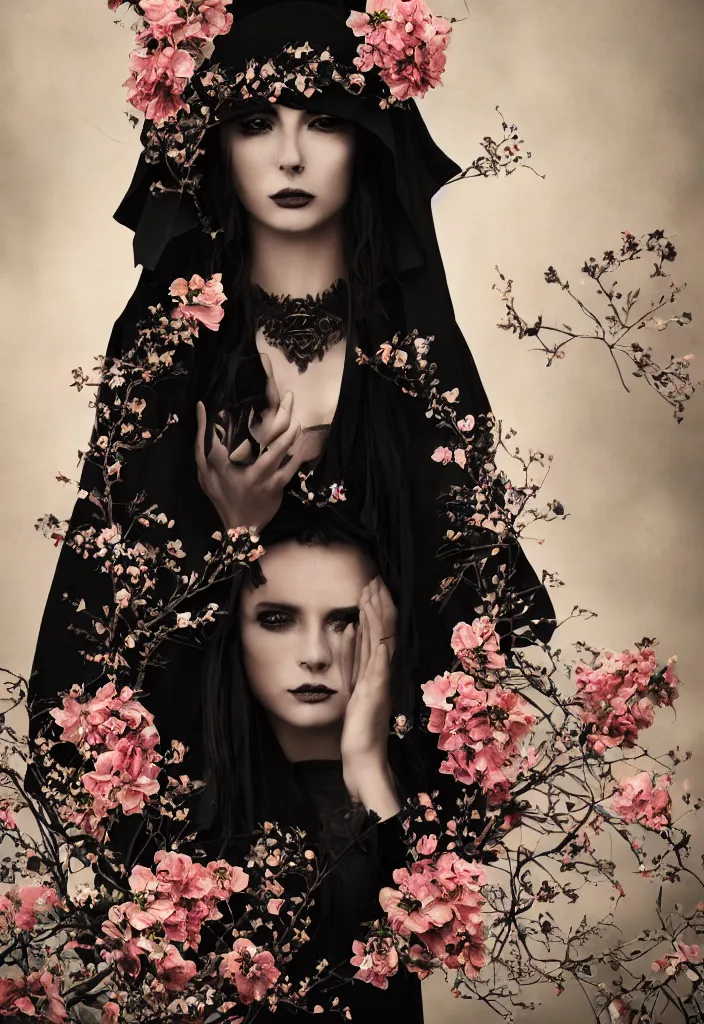 Prompt: a portrait of a beautiful woman wearing a black cloak with flowers and skulls in a romantic style, extremely realistic and highly detailed 8 k, sharp focus, octane render, dramatic volumetric lighting and extremely realistic faces