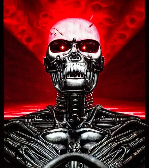 Prompt: profile picture of terminator with red eyes, surrounded by beams of light dark background by wayne barlow, stanley donwood, anton semenov, zdzislaw bekinski, hr giger, 8 k, fantasy, dark, highly detailed