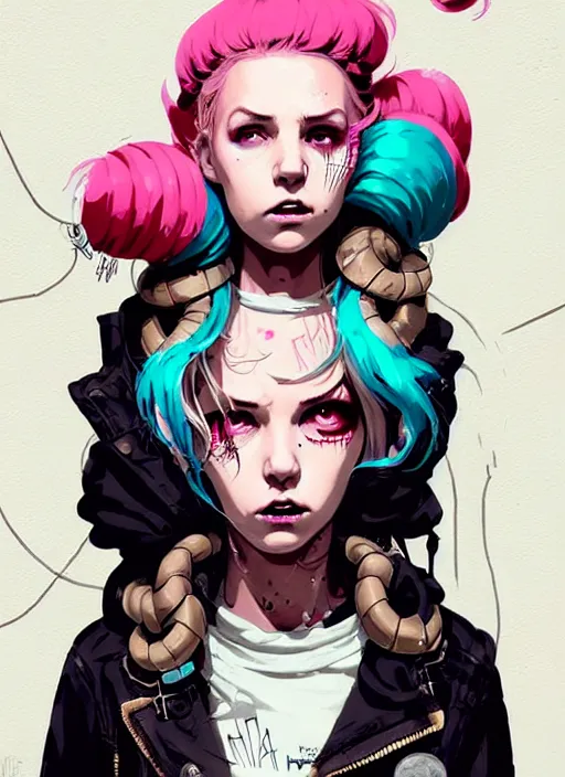 Image similar to highly detailed portrait of a sewer punk lady, tartan hoody, blonde ringlet hair by atey ghailan, by greg rutkowski, by greg tocchini, by james gilleard, by joe fenton, by kaethe butcher, gradient magenta, black, blonde cream and white color scheme, grunge aesthetic!!! ( ( graffiti tag wall background ) )