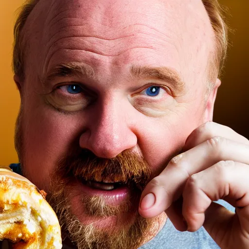 Image similar to louis c k eating a cinnamon roll, extreme close - up, xf iq 4, f / 1. 4, iso 2 0 0, 1 / 1 6 0 s, 8 k, raw, unedited, symmetrical balance, in - frame, sharpened