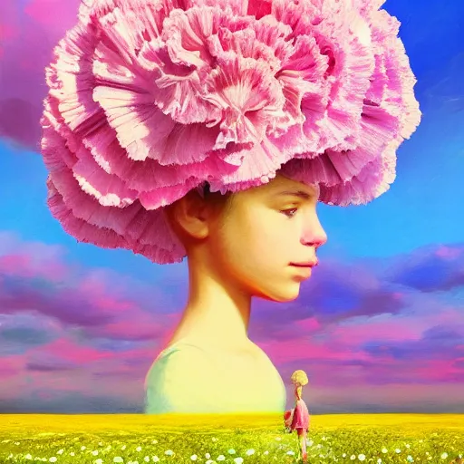 Image similar to head of carnations flower, girl walking in a flower field, surreal photography, sunrise dramatic light, impressionist painting, colorful clouds, digital painting, artstation, simon stalenhag, flower face