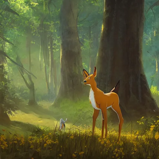 Image similar to concept art painting of an anthropomorphic doe wearing yellow robes, in the deep forest, realistic, detailed, cel shaded, in the style of makoto shinkai and greg rutkowski and james gurney