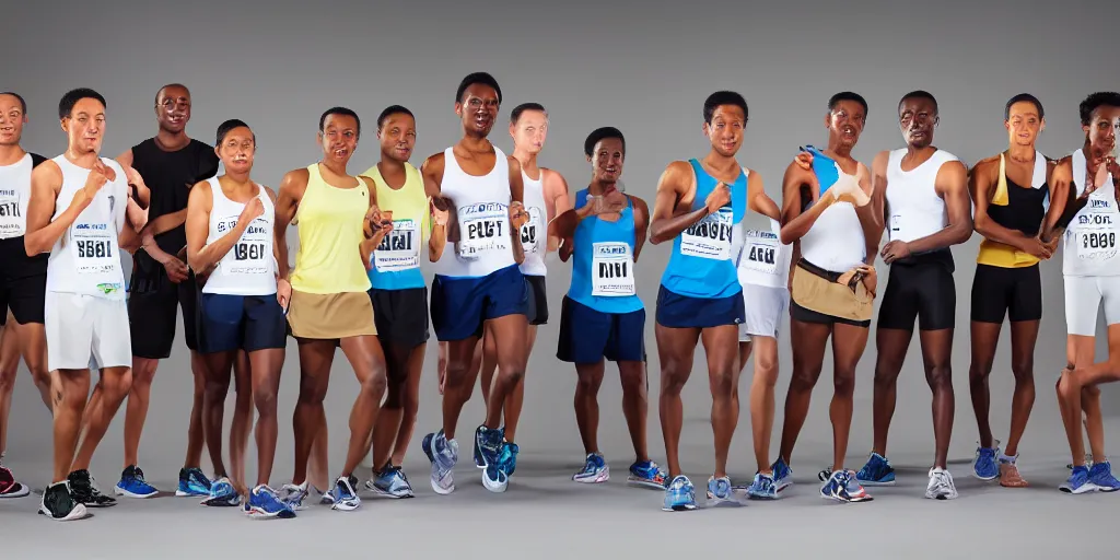 Image similar to Studio Photograph of starting line of many diverse marathon runners. multiple skintones. Warm atmosphere. Beige and black. Frontal. Shot on 30mm Lens. Advertising Campaign. Wide shot. Studio lighting. White background.