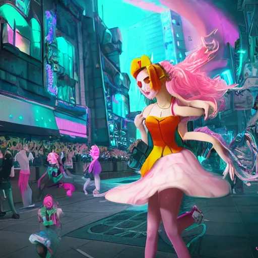 Image similar to a girl like jinx and Princess peach, dancing, background jet ground radio, fullshot, raytrayced, octane render, epic composition, intricate details, dark neon punk, by myanko