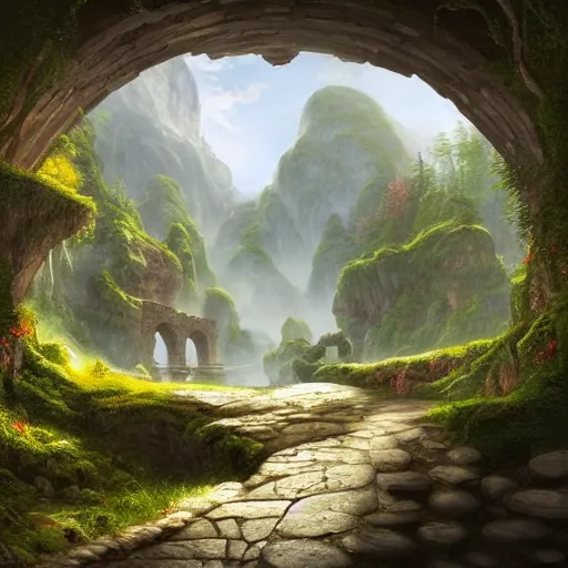 Image similar to A beautiful hyper realistic detailed matte painting of a perfect stone archway over a pathway through a dense colorful forest, dramatic mountains in background, dramatic lighting, dynamic lighting, cinematic lighting, lit by morning light, by Raphael Lacoste and John Howe and Andreas Rocha, unreal engine, featured on artstation, ultrawide angle, f8, polarizer filter