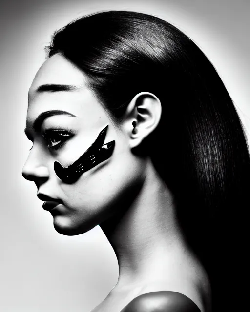 Image similar to a profile portrait, a stunning young woman - cyborg with a mutant crow head, editorial photography, bw, shot on 7 0 mm, depth of field, f / 2. 8, high contrast, 1 6 k, volumetric lighting, shiny, insanely detailed and intricate, hypermaximalist, elegant, ornate, hyper realistic, super detailed