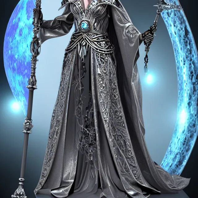 Prompt: elemental moon witch in ornate silver robes and staff, highly detailed, 8 k, hdr, anne stokes