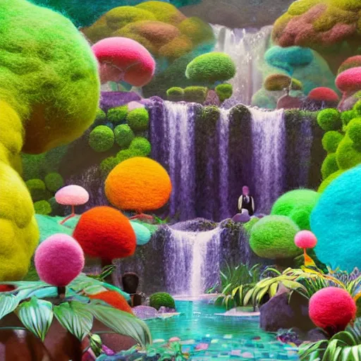 Image similar to a black girl with a colorful afro and big beautiful eyes meditating in an african zen garden with a waterfall!!, bokeh!, bright colors, synthwave, watercolor, volumetric wool felting, felt, macro photography, children illustration, by goro fujita