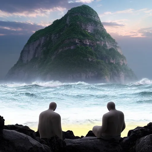 Prompt: a stunning 3 d render of a jesus, the buddah, and fredrick nietzsche sitting on a cliff facing away from the camera in the rain watching the sunrise over the ocean, turbulent ocean in the background, intricate, elegant, highly detailed, artstation, ultra sharp focus, octane render, volumetric lighting, in a neoclassical and baroque style