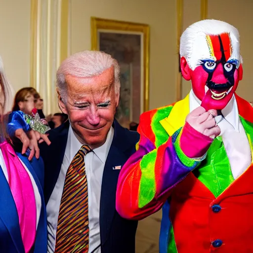 Image similar to A grand circus with Joe Biden in the middle wearing clown costume and colorful clown makeup