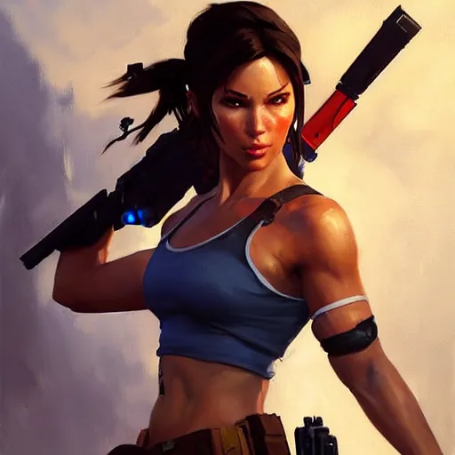 Image similar to Greg Manchess portrait painting of Lara Croft as Overwatch character, medium shot, asymmetrical, profile picture, Organic Painting, sunny day, Matte Painting, bold shapes, hard edges, street art, trending on artstation, by Huang Guangjian and Gil Elvgren and Sachin Teng